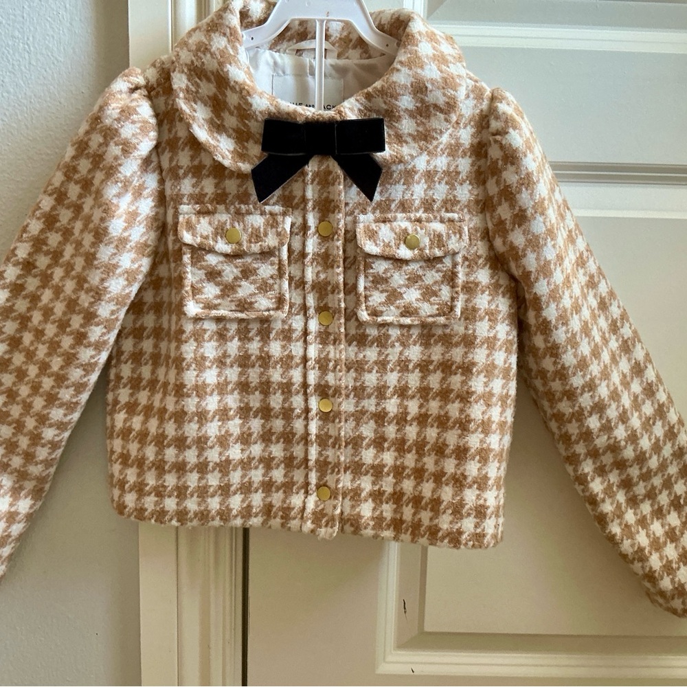 JANIE AND JACK adorable tan and white houndstooth check blazer with bow sz8